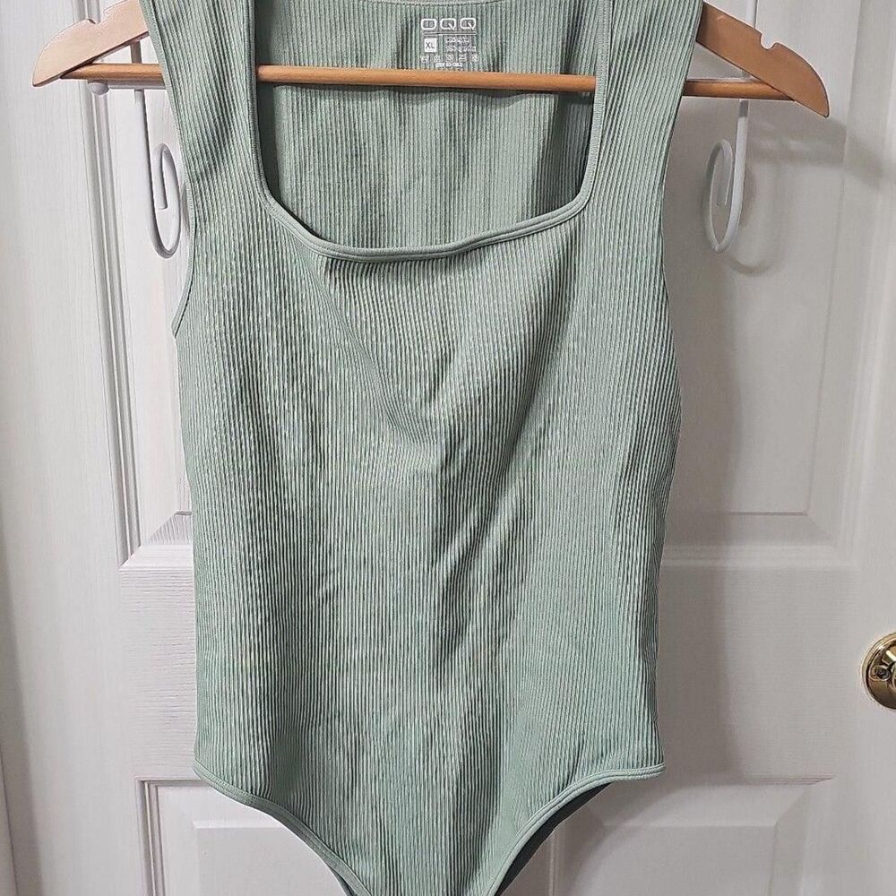 OQQ Women's Ribbed Square Neck Sleeveless Bodysuit Sage Green Size XL